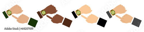 Set of Businessman hand point at Wristwathes. Time is money. Vector time and financial management Flat style Business illustration. Mans hands and Clock. Timing, planning, entrepreneur, meeting.