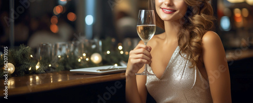 beautiful young woman with a glass of champagne in a restaurant, legal AI © PETR BABKIN