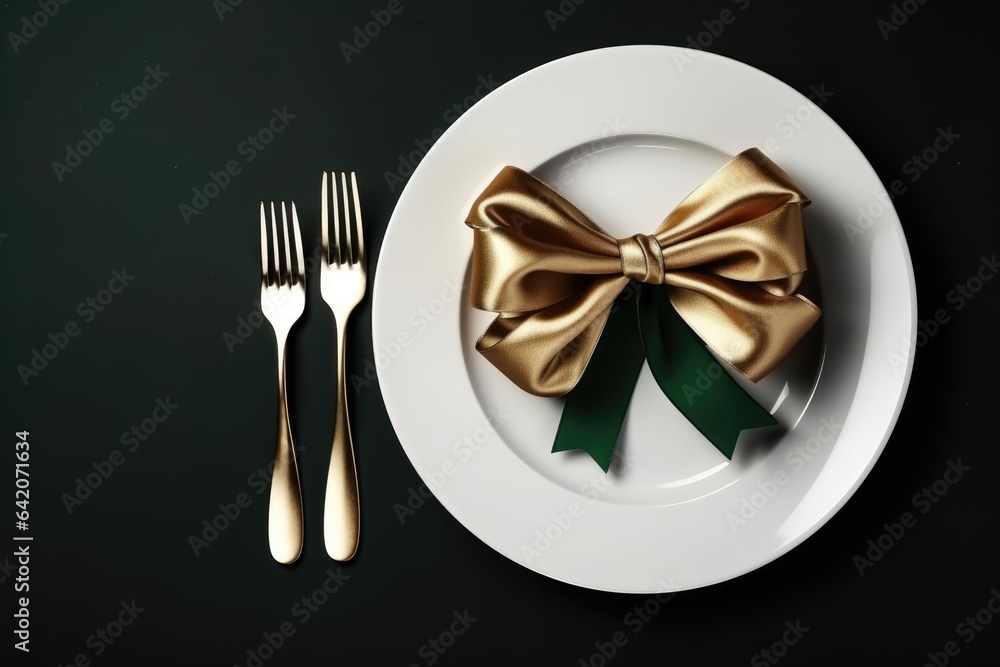 Christmas plate with bow, top view Christmas plate with bow, top view