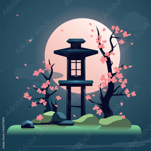 Sakura and japanese lantern in garden. Blossom at night. Symbol of hanami. Pink moon on background. Vector illustration.