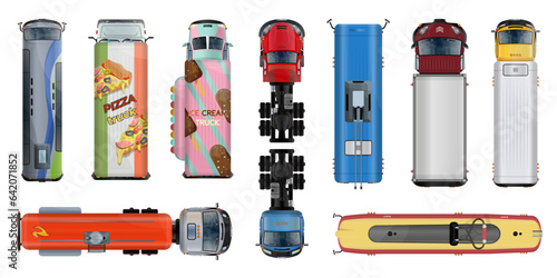 Collection of illustrations with set of top view realistic transports