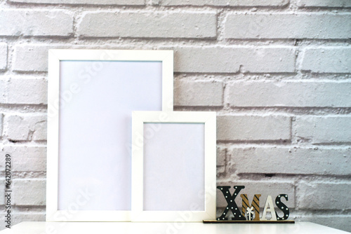 Christmas Frame. Photo frame. Flat lay. New Year concept. Christmas mock up. Winter. Christmas background. Xmas concept. Top view, copy space. Christmas photo frame mock up template