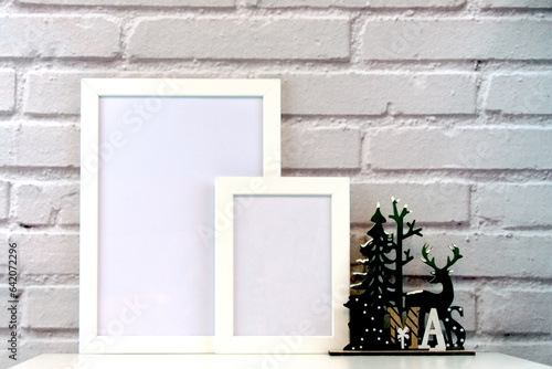 Christmas Frame. Photo frame. Flat lay. New Year concept. Christmas mock up. Winter. Christmas background. Xmas concept. Top view, copy space. Christmas photo frame mock up template