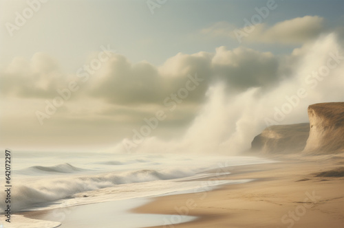 Tranquil Seashore: Soft, Muted Waves and Light-Filled Coastal Landscape