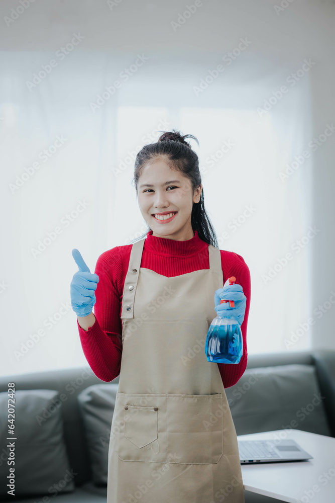 Half body portrait of woman cleaning service at home cleaning concept