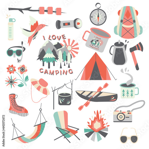 Vector set of individual illustrations on the theme of camping in the style of groovy 70-80s