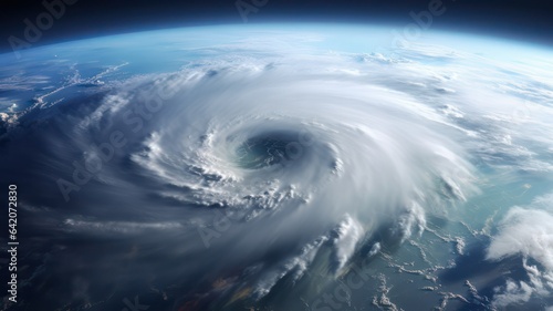 Hurricane over the Atlantic. Satellite view. Super typhoon over the ocean. The eye of the hurricane. The atmospheric cyclone. View from outer space created with Generative AI