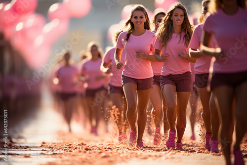 Group of women wearing pink during running. Breast cancer awareness concept  photo