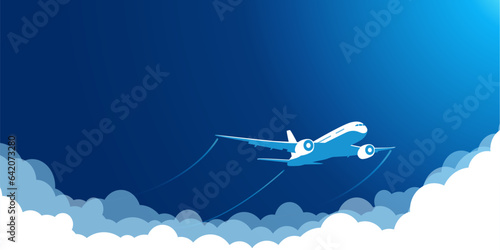 Fotobehang White plane in the blue sky flying above the clouds