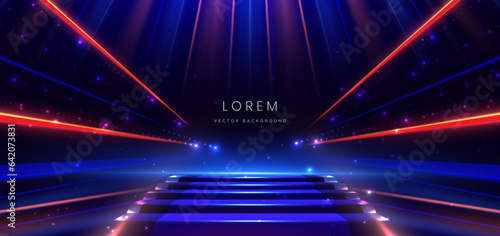 Elegant blue stage background with blue dot neon line and lighting effect sparkle. Luxury template award design.