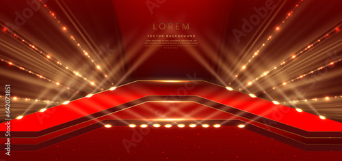 Elegant red stage with sportlight gold diagonal glowing lighting effect and sparkle. Template premium award design.