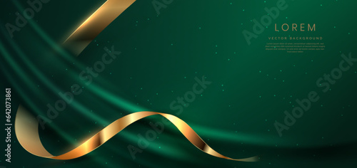Abstact luxury green curve with golden ribbon and lighting effect on green background.