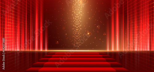 Elegant red stage with gold diagonal glowing lighting effect and sparkle. Template premium award design.