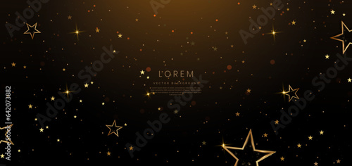 Abstract luxury golden star lighting effect glowing on dark brown background and sparkle. Celebration party happy concept.