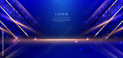 Elegant blue stage background with blue dot neon line and lighting effect sparkle. Luxury template award design.