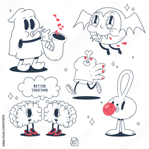 Set of Halloween vector doodles in the old cartoon style of the 1930s vol.1