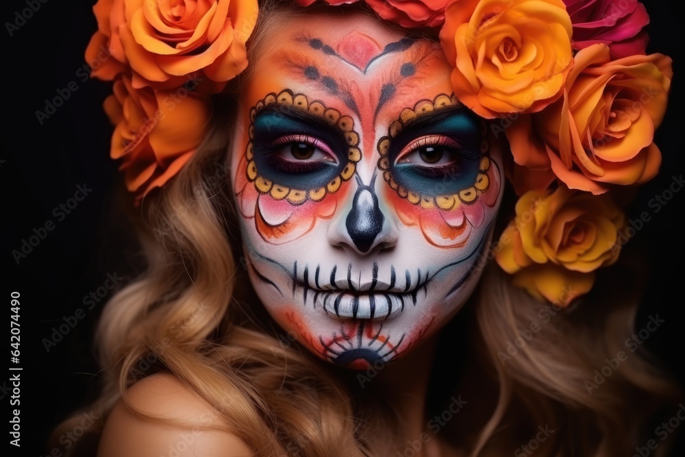 Creative face paint portrait flower. Day of the Dead