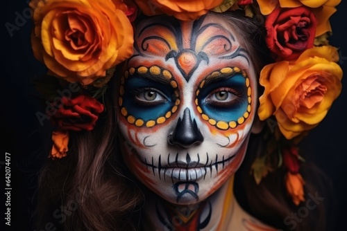 Creative face paint portrait flower. Day of the Dead