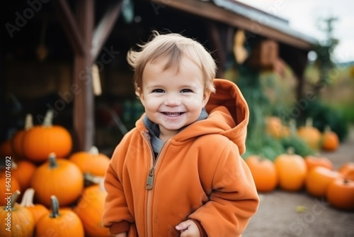 Cute happy toddler boy in the pampking farm outdoor