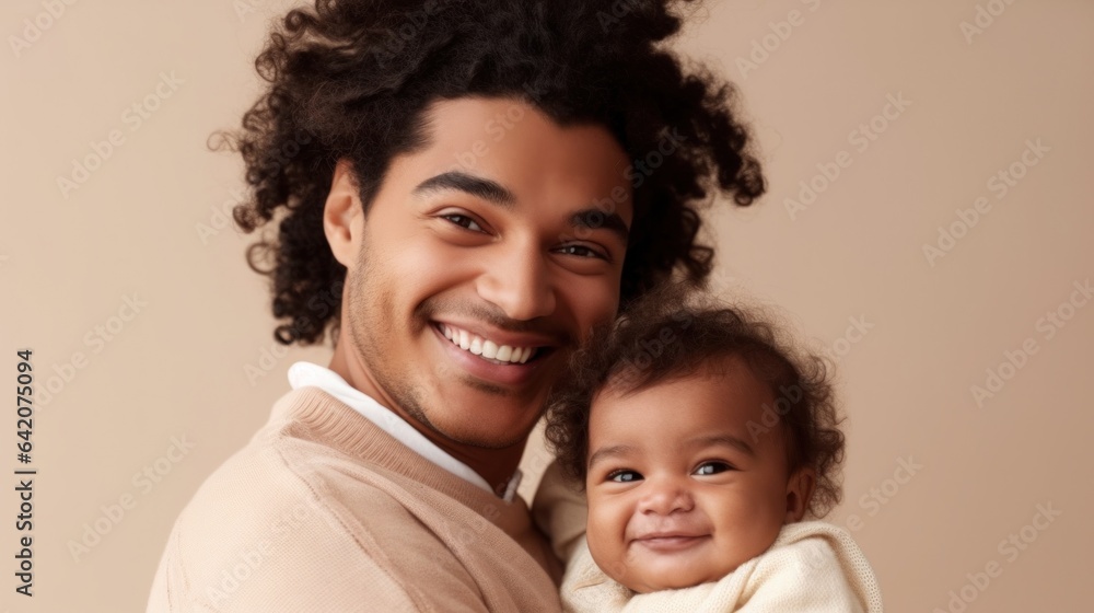 A happy multicultural dad poses lovingly with his adorable baby. Generative AI A happy multicultural dad poses lovingly with his adorable baby. Generative AI