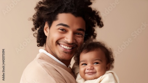 A happy multicultural dad poses lovingly with his adorable baby. Generative AI