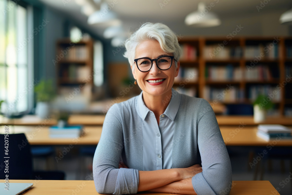 Fototapeta premium Smiling Teacher Offering Virtual Classroom Instruction