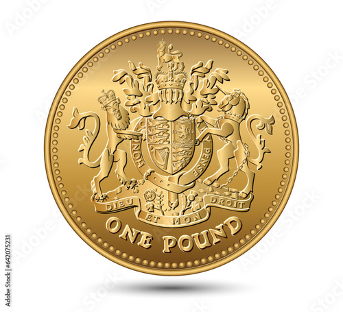 Vector British money gold coin one pound with the image of a lion, unicorn, shield and crown. Vector illustration.