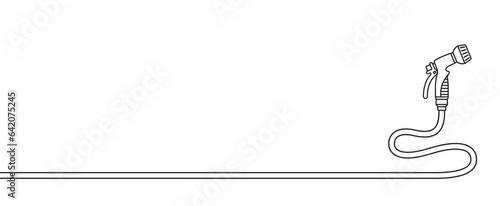 Garden watering straight long hose with spray nozzle, side view. Banner template with place for text. Agricultural equipment. Vector outline illustration isolated on white background