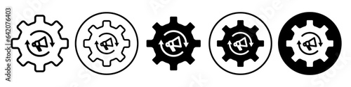 Marketing Automation tool Icon. Social media automate system to promote or planning the progress of company symbol. Vector set of gear cog wheel shows work flow setting. Flat outline of technical logo
