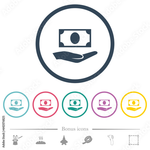 Palm and money flat color icons in round outlines