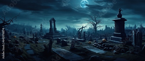 Moonlight shining on a graveyard at night. Scary haunted landscape.