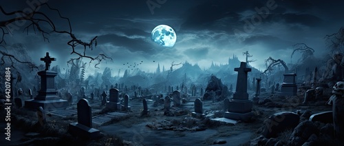 Moonlight shining on a graveyard at night. Scary haunted landscape.