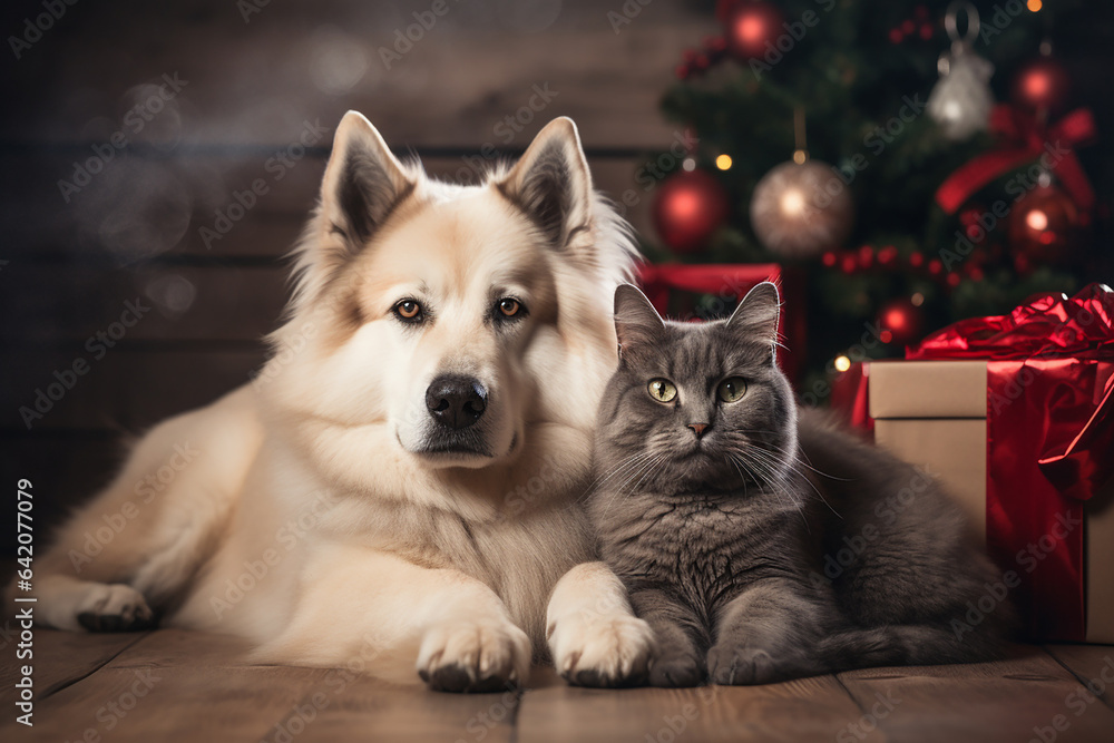 Big dog and grey cat near a Christmas tree. Generative AI Big dog and grey cat near a Christmas tree. Generative AI
