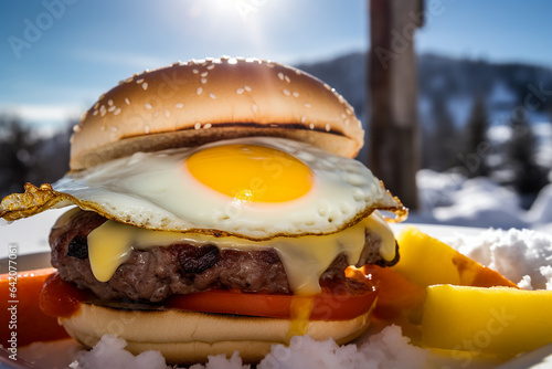 Egg burger closeup at a ski resort, closeup. Generative AI photo