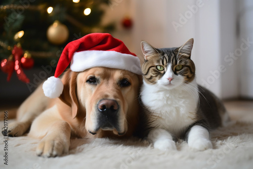 Cat and dog on a soft carpet near a Christmas tree. Generative AI