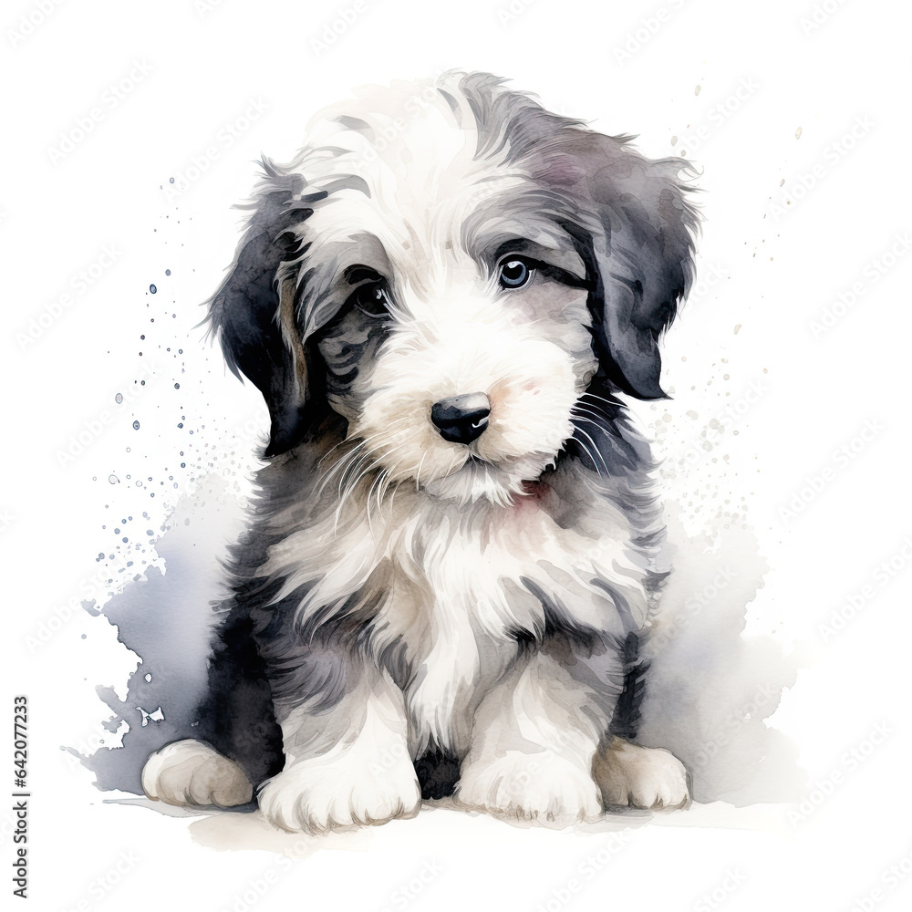 Old English sheepdog puppy. Stylized watercolour digital illustration of a cute dog with big eyes.