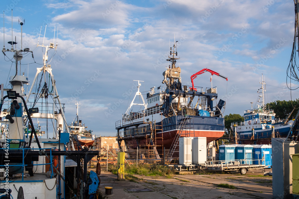 Fototapeta premium Ships are in dry dock for repair or storage, Baltic Sea, Wladyslawowo, Poland