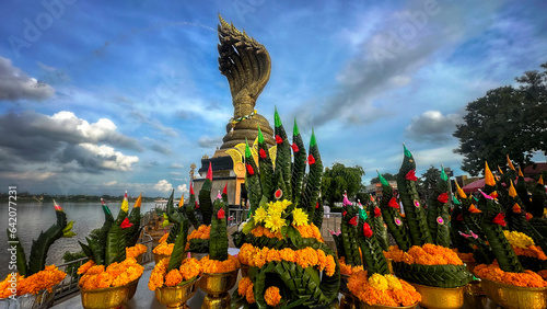 Seven heads Naga statue, Paya Sri Satta Nakarat, famous landmark of Nakhon Phanom on Mekong riverside,Nakhon Phanom Province Thailand.