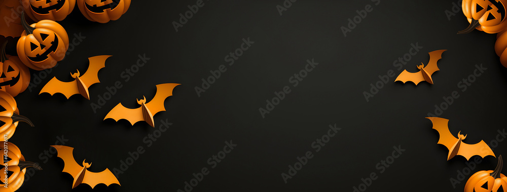 Halloween background banner border design with bats and jack-o-lantern pumpkins