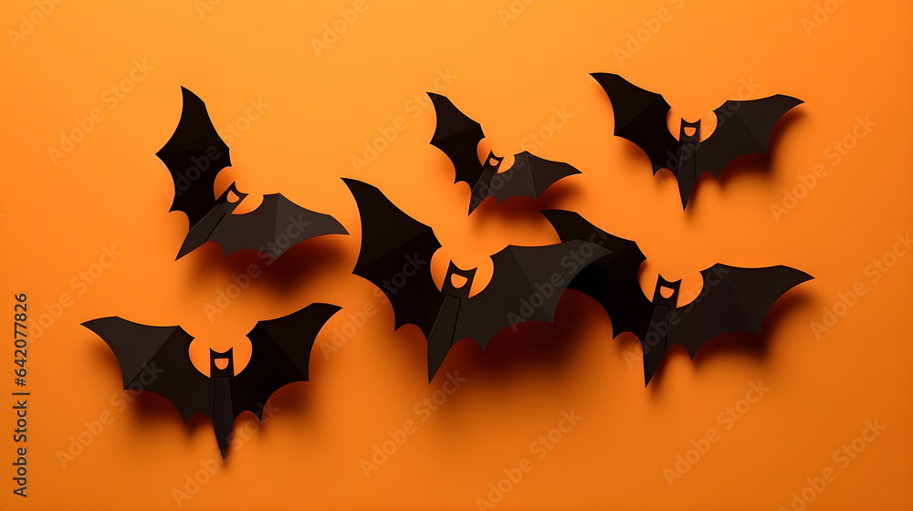 Naklejka premium Spooky Halloween bat paper cut art on orange background