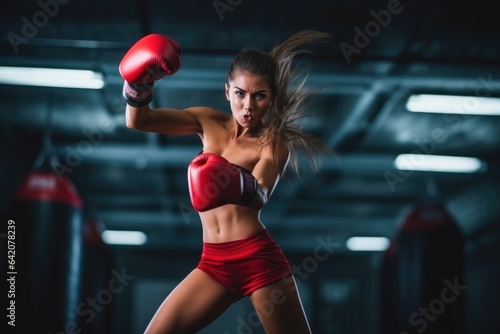 Energetic Female Athlete in Red Boxing Gloves © Andrii 
