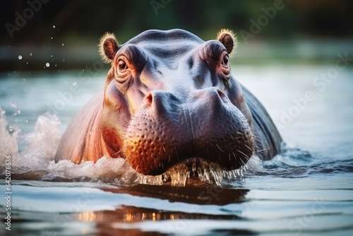 Raging Hippo in African River Scene
