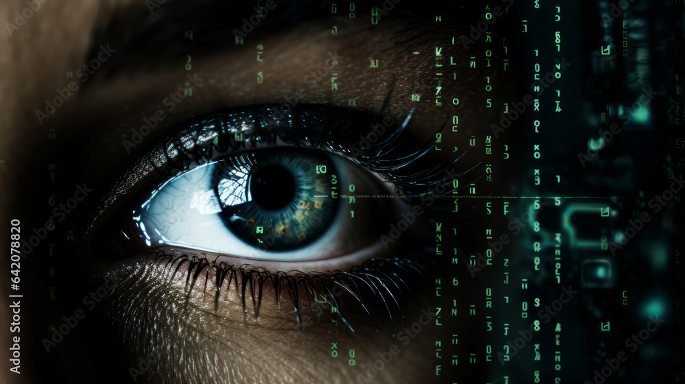Close up of eye with digital code.Hacker, cyber security, programming background.