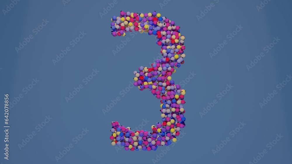 Modern 3d illustration of Christmas alphabet. 3d number 3 made of colorful Christmas ornaments on blue table background. Flat lay, top view, copy space. Christmas composition. Modern 3d illustration of Christmas alphabet. 3d number 3 made of colorful Christmas ornaments on blue table background. Flat lay, top view, copy space. Christmas composition.