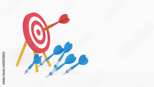 Business success and failure concept. Lots arrows missed hitting target mark and only one hits the center. Goal achieving idea. Efficiency and accuracy concept. 3d illustration photo