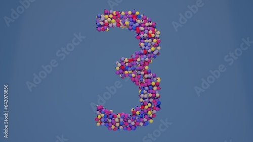 Modern 3d illustration of Christmas alphabet. 3d number 3 made of colorful Christmas ornaments on blue table background. Flat lay, top view, copy space. Christmas composition.