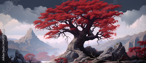 A Large Red Tree in the Middle of the Mountains  Generative AI