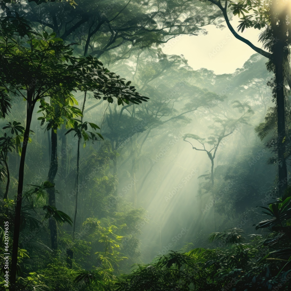 Amazon rainforest in mist in morning light
