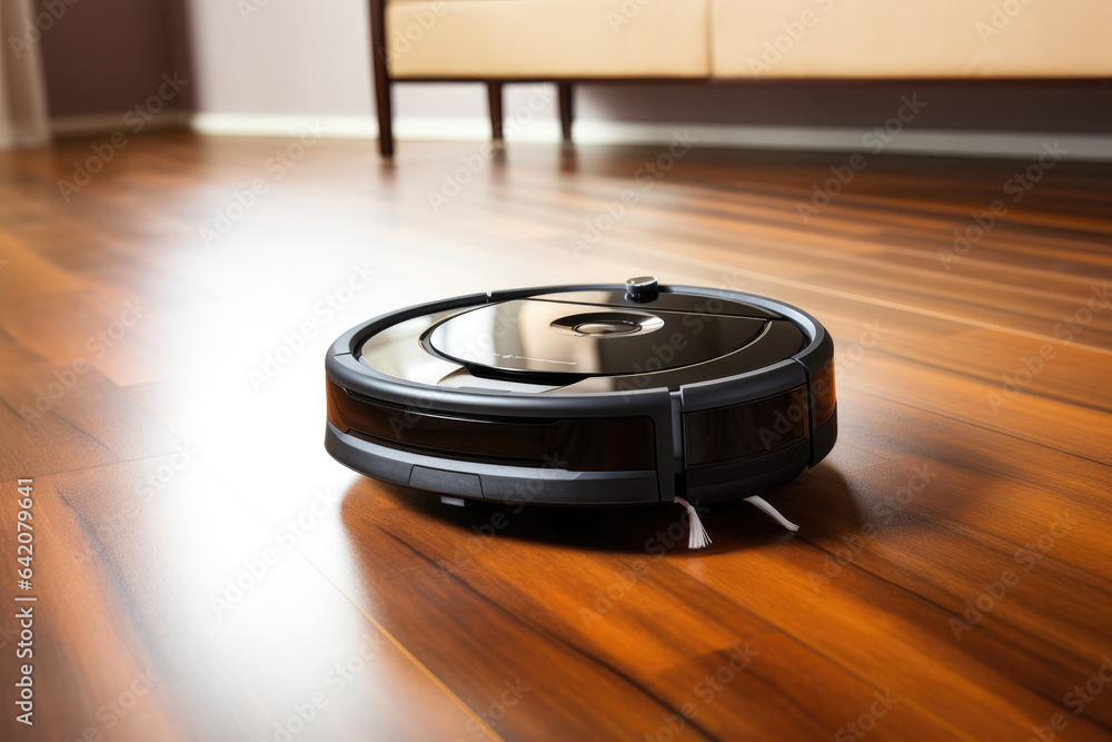 Robotic vacuum cleaner on laminate wood floor. Modern smart cleaning technology Robotic vacuum cleaner on laminate wood floor. Modern smart cleaning technology