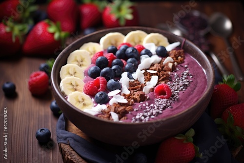 Summer Acai smoothie bowl with various fruits and berries. Healthy breakfast